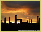 Sunset over the Forum at Timgad world heritage site (Algeria), the garrison town at the frontier of the Roman Empire in Africa